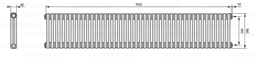 Схема (чертеж) Радиатор Zehnder Charleston 2056/42 №7610 Белый глянцевый RAL 9016